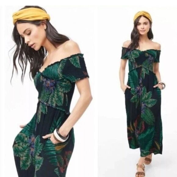 Patrons of Peace Tropical Jumpsuit Women's Med Green Smocked Top Cropped Rayon* - Picture 1 of 10